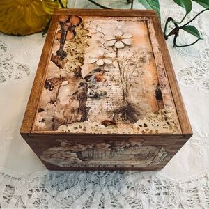 Handcrafted cigar box original collage art with Floral Design